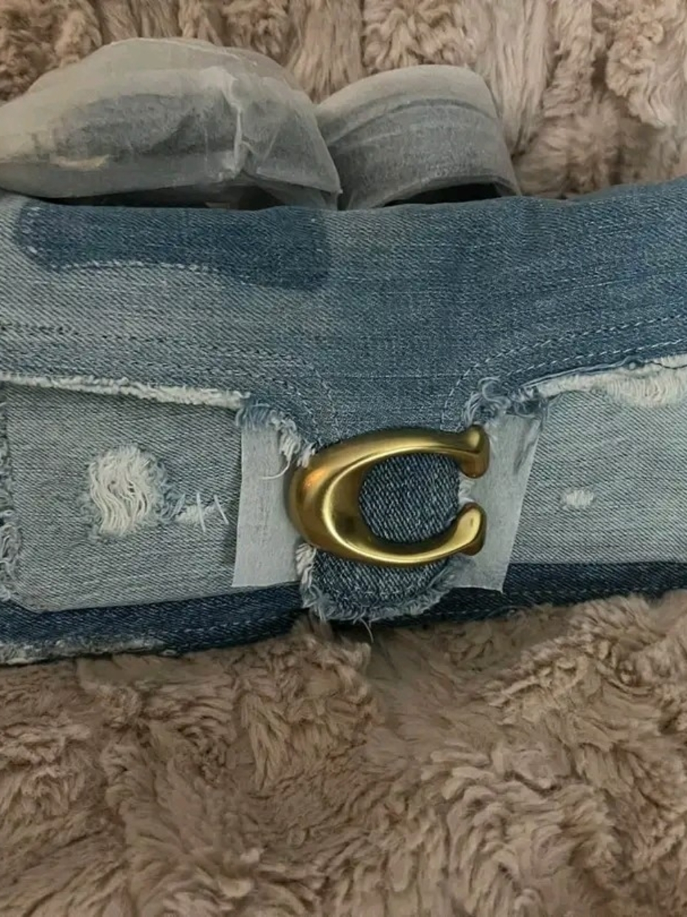 Light Blue Distressed Denim Belt with Gold 'C' Buckle